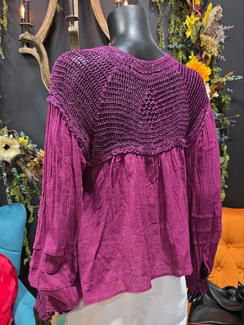 Free People Boho Crochet Yoke Blouse - Purple